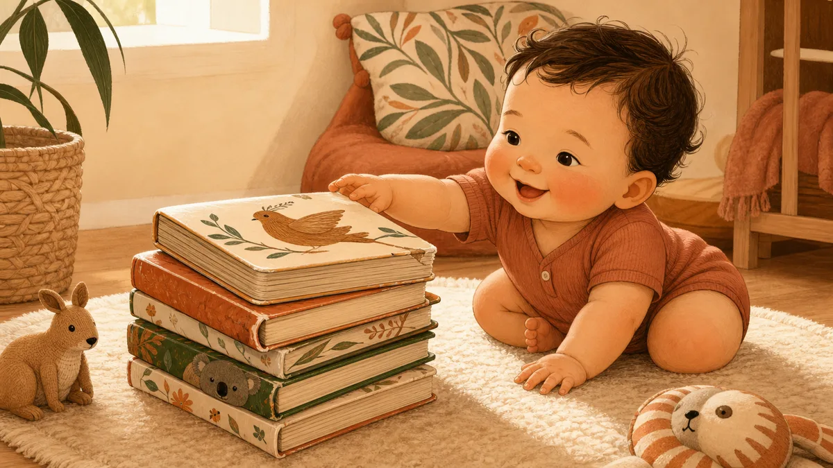 A stack of chunky Australian children's board books with a baby reaching for the top one