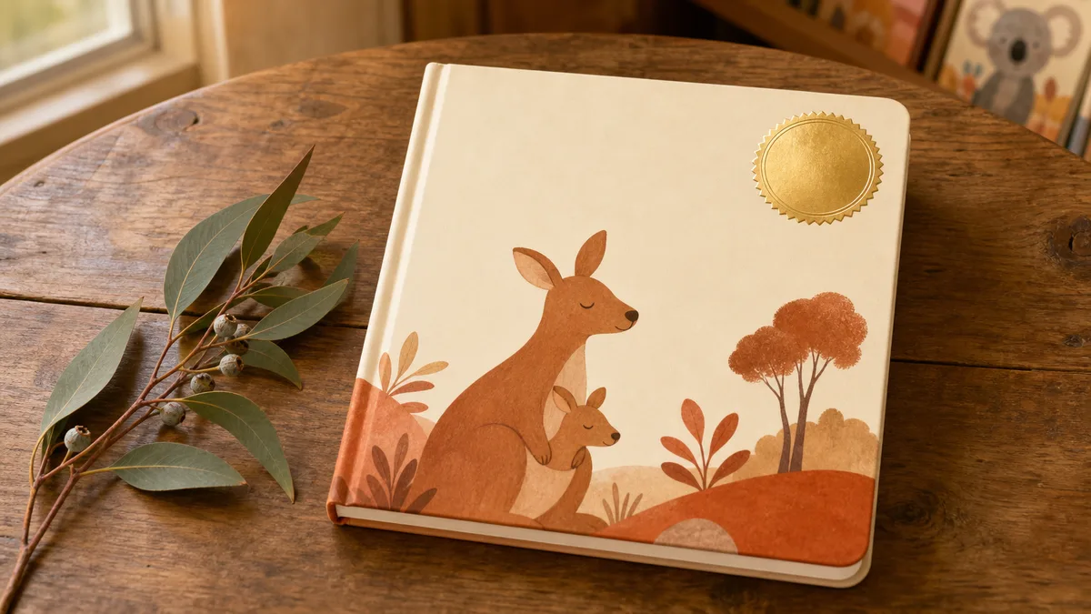 A children's picture book on a wooden table with a gold award seal on the cover, beside gum leaves