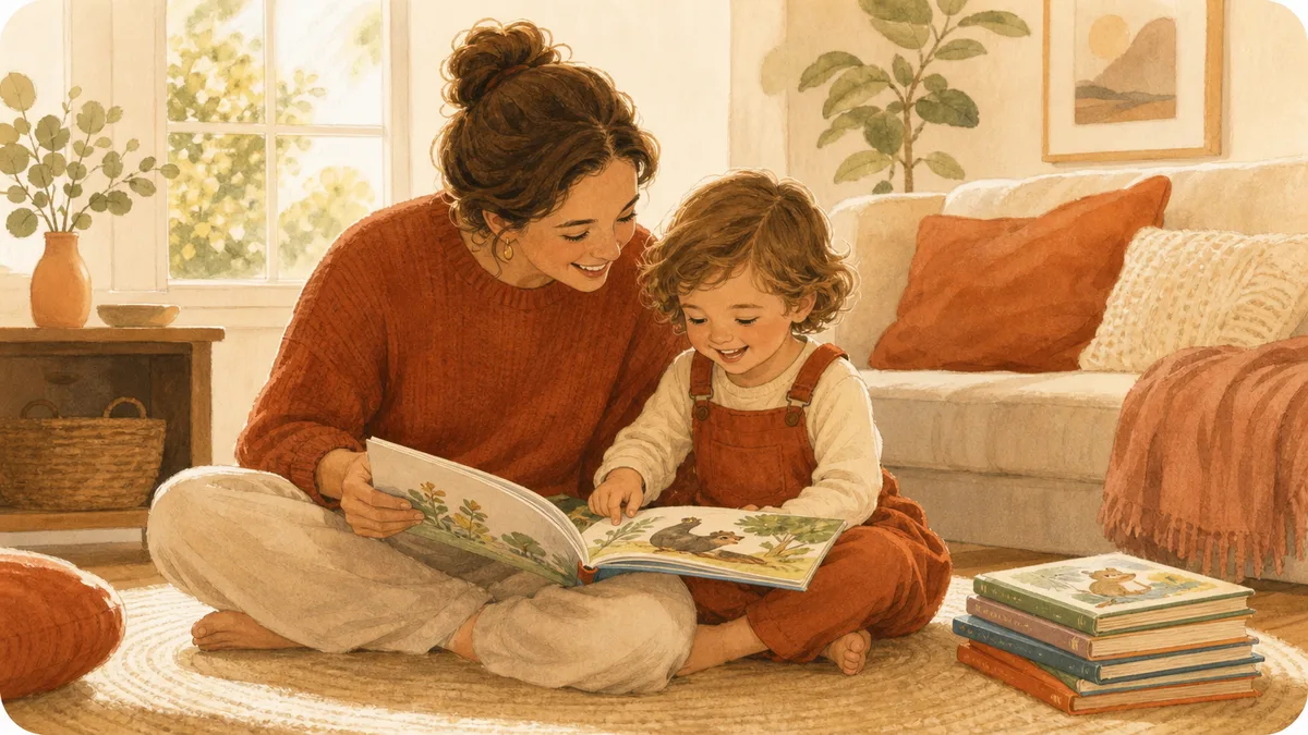 A preschooler and parent reading an Australian picture book together on a sunlit rug