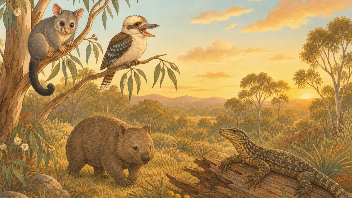 Illustrated Australian bush scene with a possum, wombat, kookaburra and goanna among gum trees