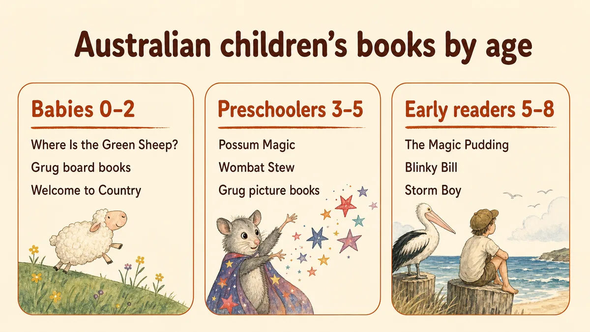 Australian children's books by age: board books for babies, picture books for preschoolers, read-alouds for early readers