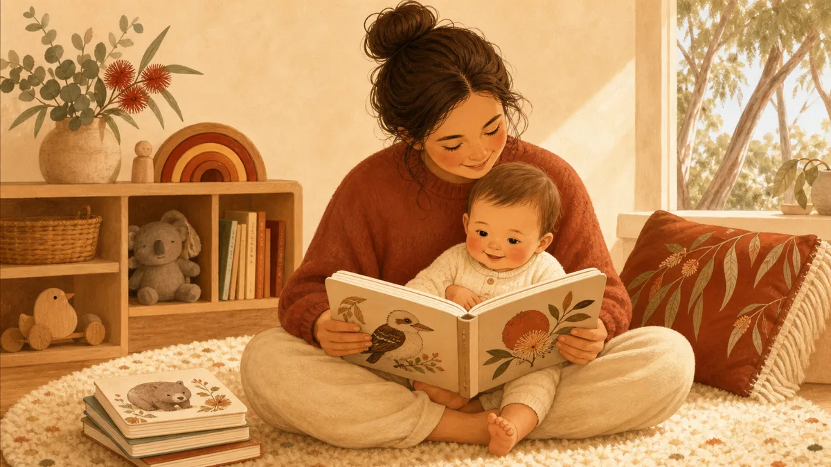 Parent and baby reading sturdy board books together on a cosy nursery floor in soft light