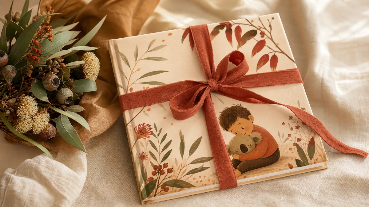 A gift-wrapped Australian children's book tied with ribbon beside gum leaves on cream linen