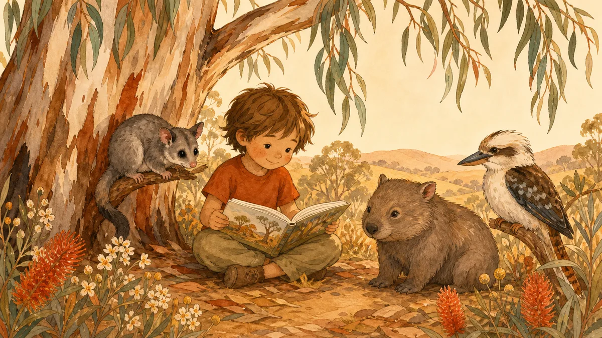 Child reading an Australian picture book under a gum tree as a possum, wombat and kookaburra look on