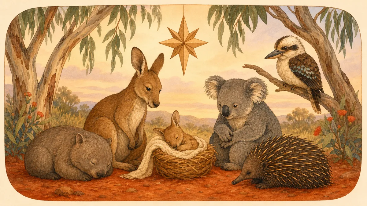 A wombat, kangaroo, koala, echidna and kookaburra gathered under gum trees in a gentle bush nativity scene