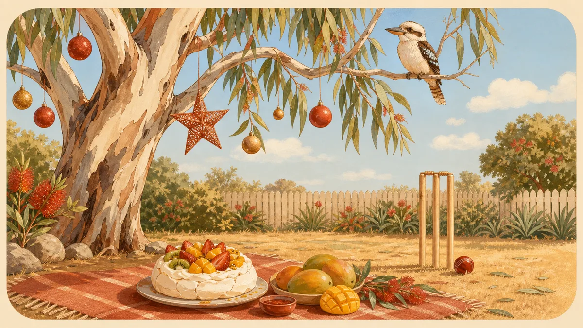Illustrated Australian summer Christmas: a gum tree hung with baubles over pavlova, mangoes and cricket stumps