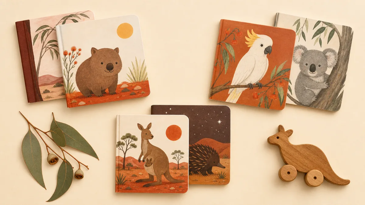 A flat-lay of Australian picture books for preschoolers grouped by mood on a cream surface