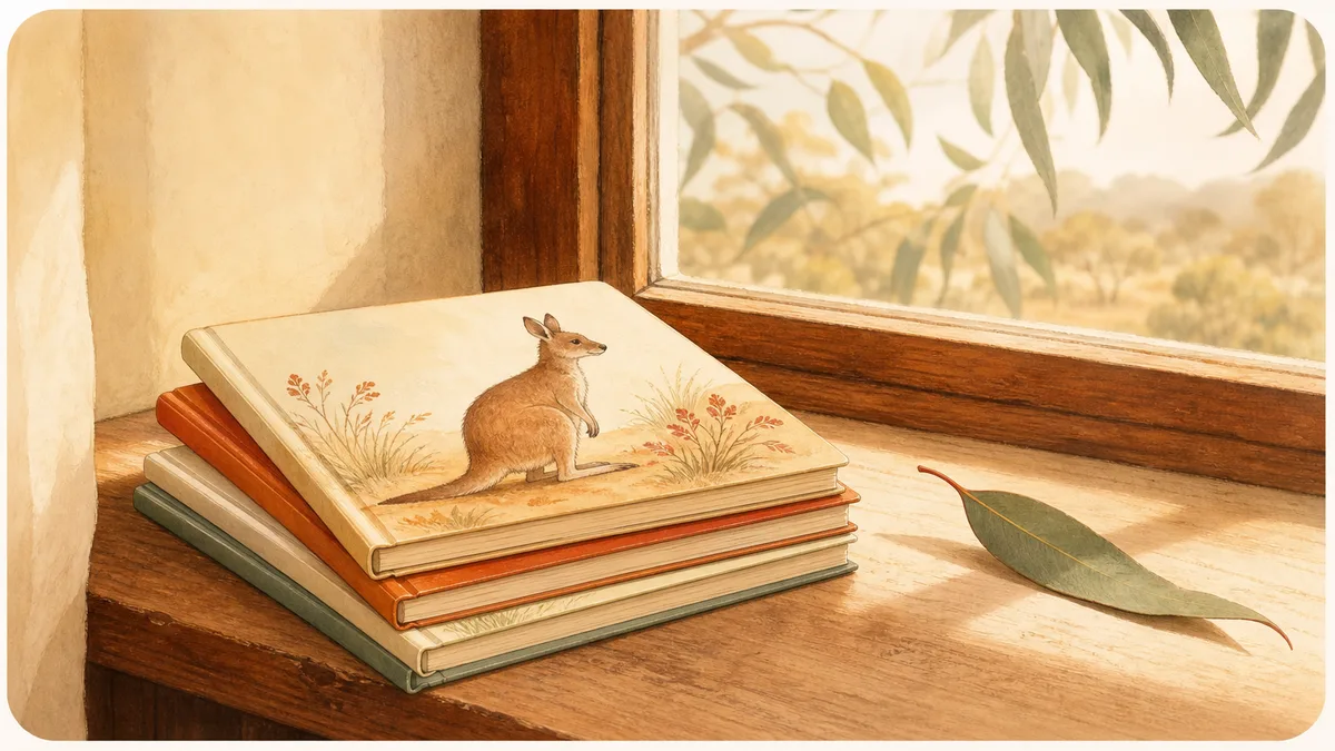 A stack of the best Australian picture books on a sunlit windowsill beside a gum leaf