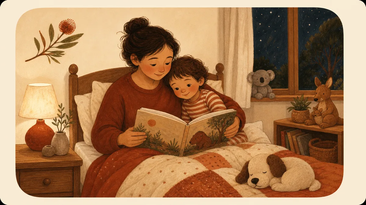 A parent reading an Australian picture book aloud to a child at bedtime in a warm, cosy room