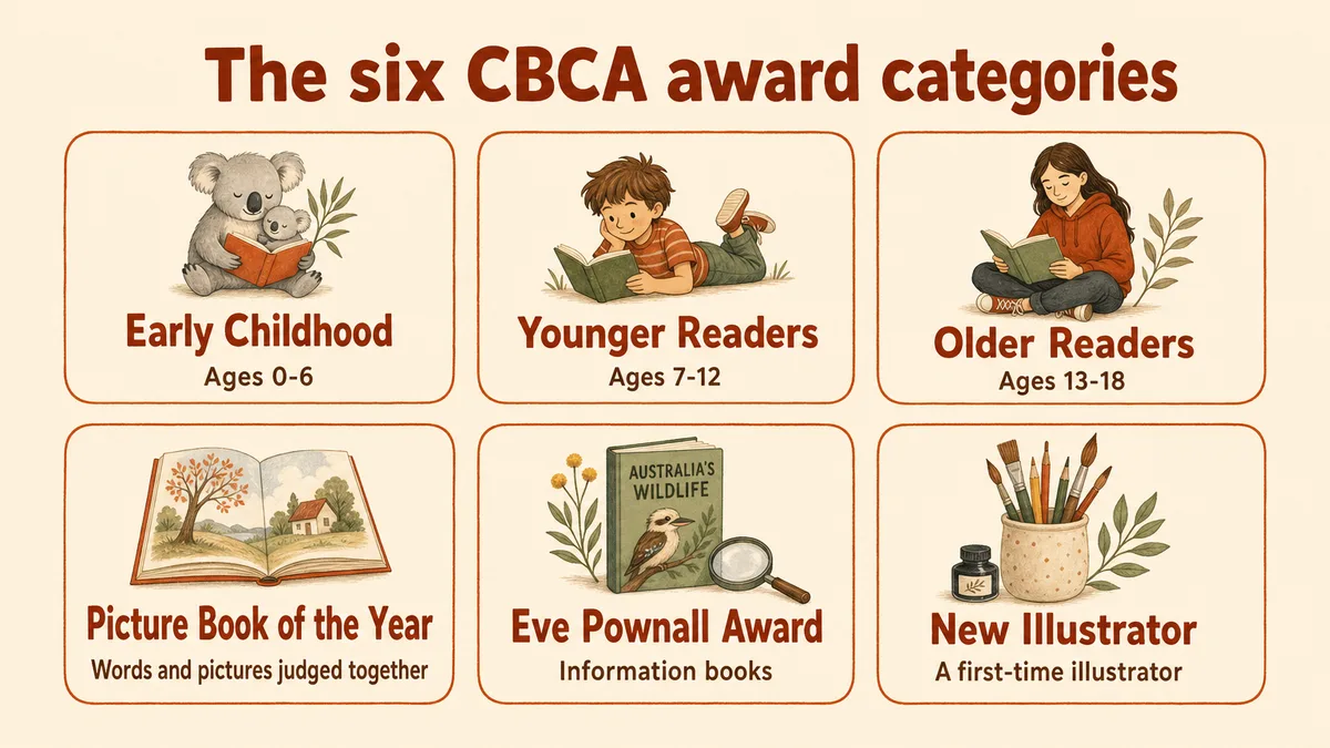 The six Children's Book Council of Australia award categories, each with its age range or focus