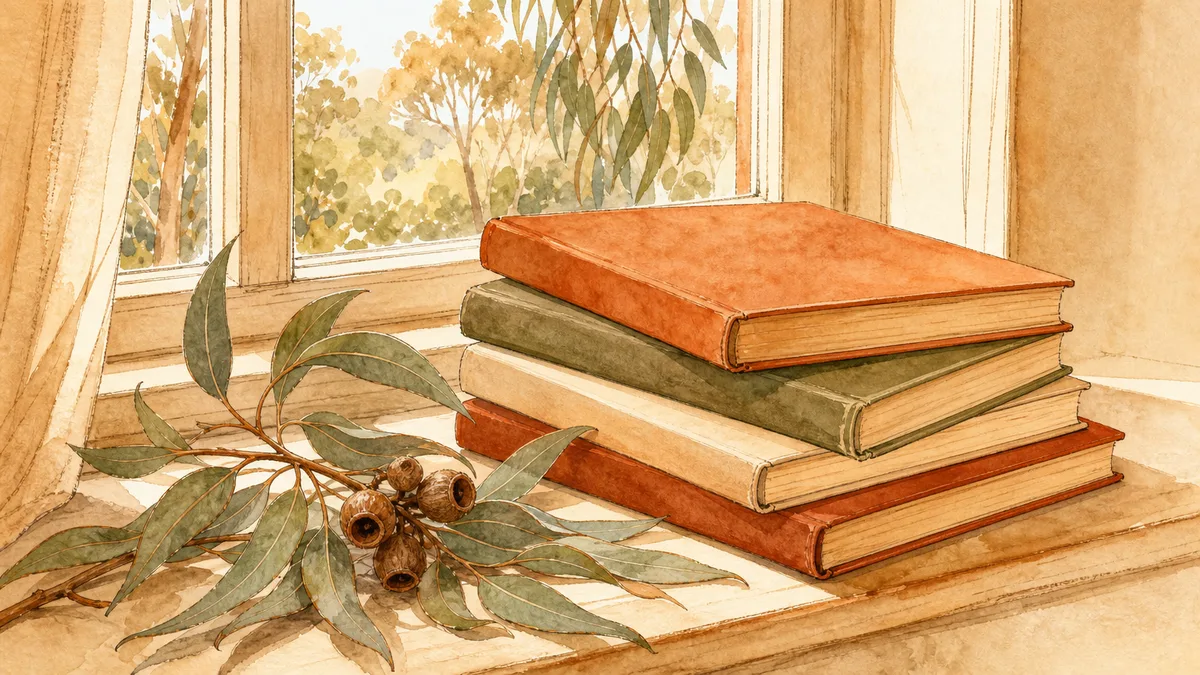 A stack of well-worn classic Australian children's picture books on a sunny windowsill with a gum leaf