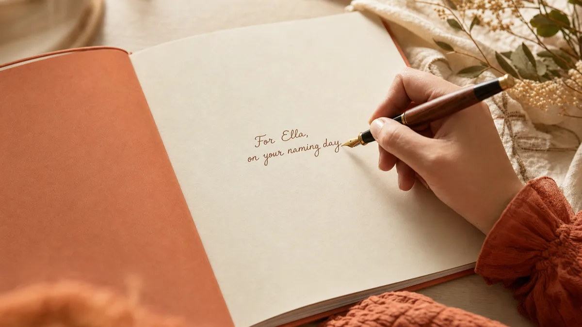 A hand writing a dated dedication inside the front cover of a children's book gift