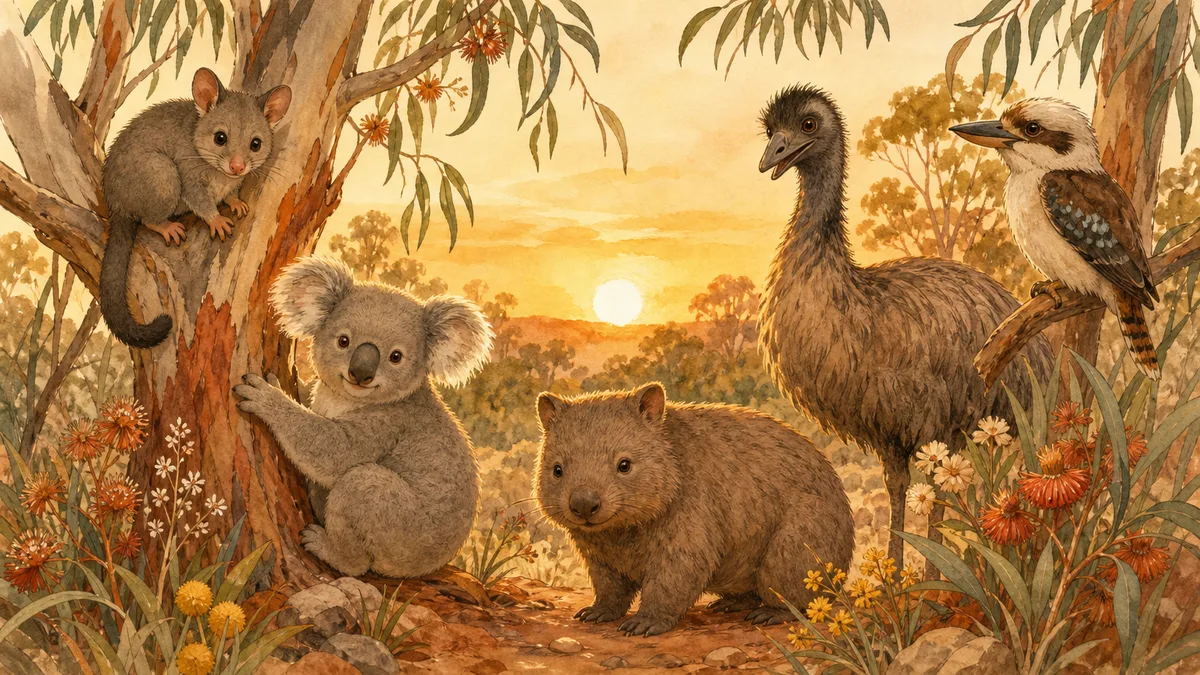 Warm illustrated Australian bush scene with native animals among gum trees, evoking classic children's book characters