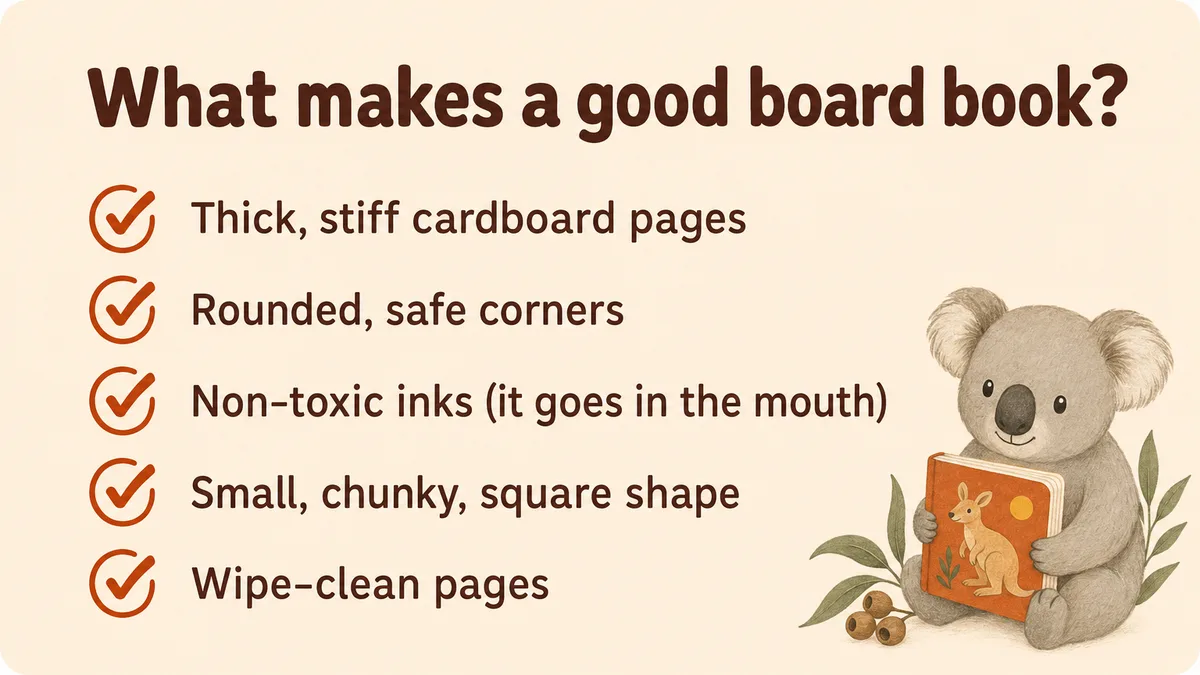 Checklist of what to look for in a board book: thick pages, rounded corners, safe inks